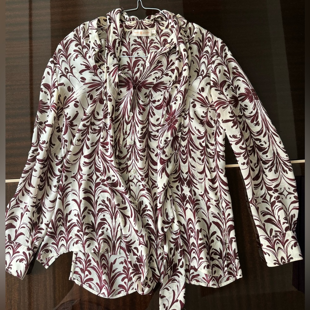 Tory Burch Brushstroke Tie Neck 100% Silk Blouse